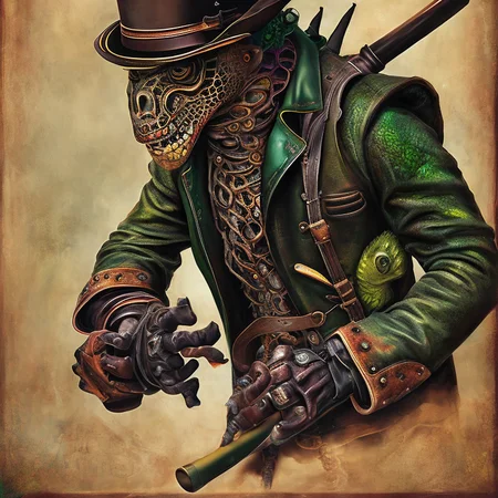 painting of animal; Iguana wearing steampunk leather jacket, top hat with gears, dashing, Victorian clothing, stopwatch, intricate, smooth, sharp focus, illustration, masterpiece, intricate, highly detailed, octane, digital painting, artstation, concept art, smooth, sharp focus, illustration, vibrant colors, in the style of steampunk