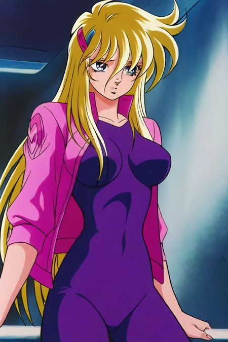 <lora:Miu_Furinji-000006:0.7> , miu, fuurinji miu, blonde hair, long hair, blue eyes, mole under right eyes, slim waist, large breast, pink jacket, purple bodysuit, hairclip, 1girl, solo, alone, <lora:saint_seiya_style_illustriousXL:0.8>, saint_seiya_style, masterpiece, highres