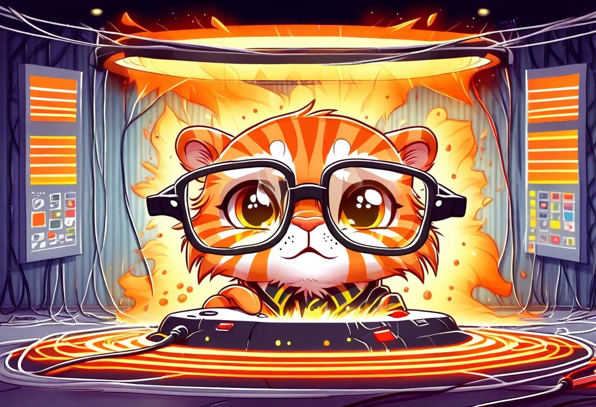 orange striped tabby wearing nerdy glasses, chewing fiber optic cable, breaking fiber optic cables, background: server room catching fire