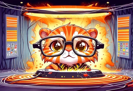orange striped tabby wearing nerdy glasses, chewing fiber optic cable, breaking fiber optic cables, background: server room catching fire