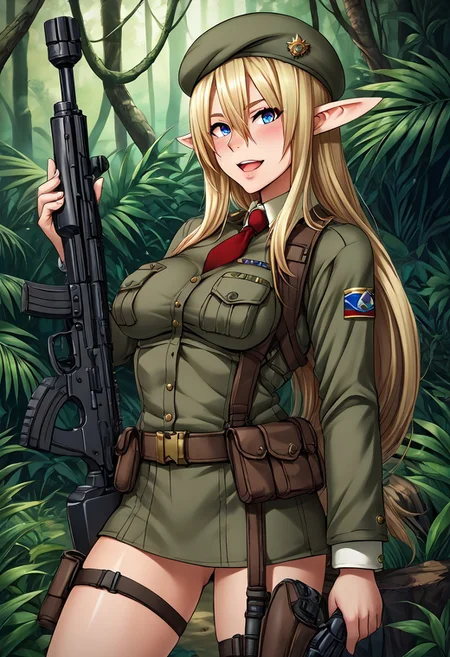 detailed, intricate details, source_anime, , (best quality) , (highly detailed) ,((masterpiece)), ((best quality)), (ultra-detailed), ((extremely detailed)), (high resolution), 4K, (8K), best quality, (beautiful), (dynamic lighting), (super detailed skin), sharp focus, (1_girl, solo focus), ,score_9, score_8_up, score_7_up, score_6_up, score_5_up, score_4_up, BREAK, <lora:cmarket0825-sdxl-000028:1>, anastasia faizland, 1girl, solo, very long hair, breasts, looking at viewer, blush, open mouth, blue eyes, blonde hair, medium breasts,, long pointy ears,, elf, ak-74u, assault rifle, belt, carbine, earmuffs, looking at viewer, gun, handgun, beret, holding, holding gun, holding weapon, holster, pouch, , rifle, tactical clothes, camouflage uniform, uniform, weapon, Jungle, Jungle camo,
detailed eyes、detailed face and detailed skin <lora:add-detail-xl:1.0>
hiroya_oku_mecha_style