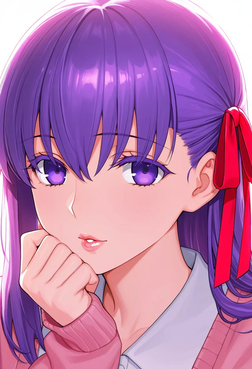 1girl, Matou Sakura \(fate\),, adult woman, masterpiece, pink cardigan, a white shirt, hand up, violet hair, long hair, red-pink ribbon on the left side of hair, luscious lips, lip gloss, portrait, colored eyelashes, backlighting, violet eyes, goddess, glossy skin, ,hires,best quality, very aesthetic,absurdres,score_9, score_8_up, score_7_up, score_6_up, score_5_up, score_4_up, (hyper extreme detailed), (hyper quality), game CG, (colour:1.2),(from side:0.7)