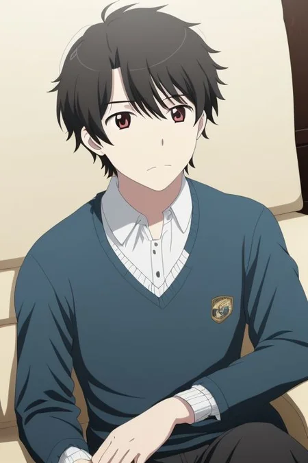 high resolution, solo, best quality, 1Boy, Inaho Kaizuka, Black Hair, deep talk, depression, sit, couch, OverallDetail