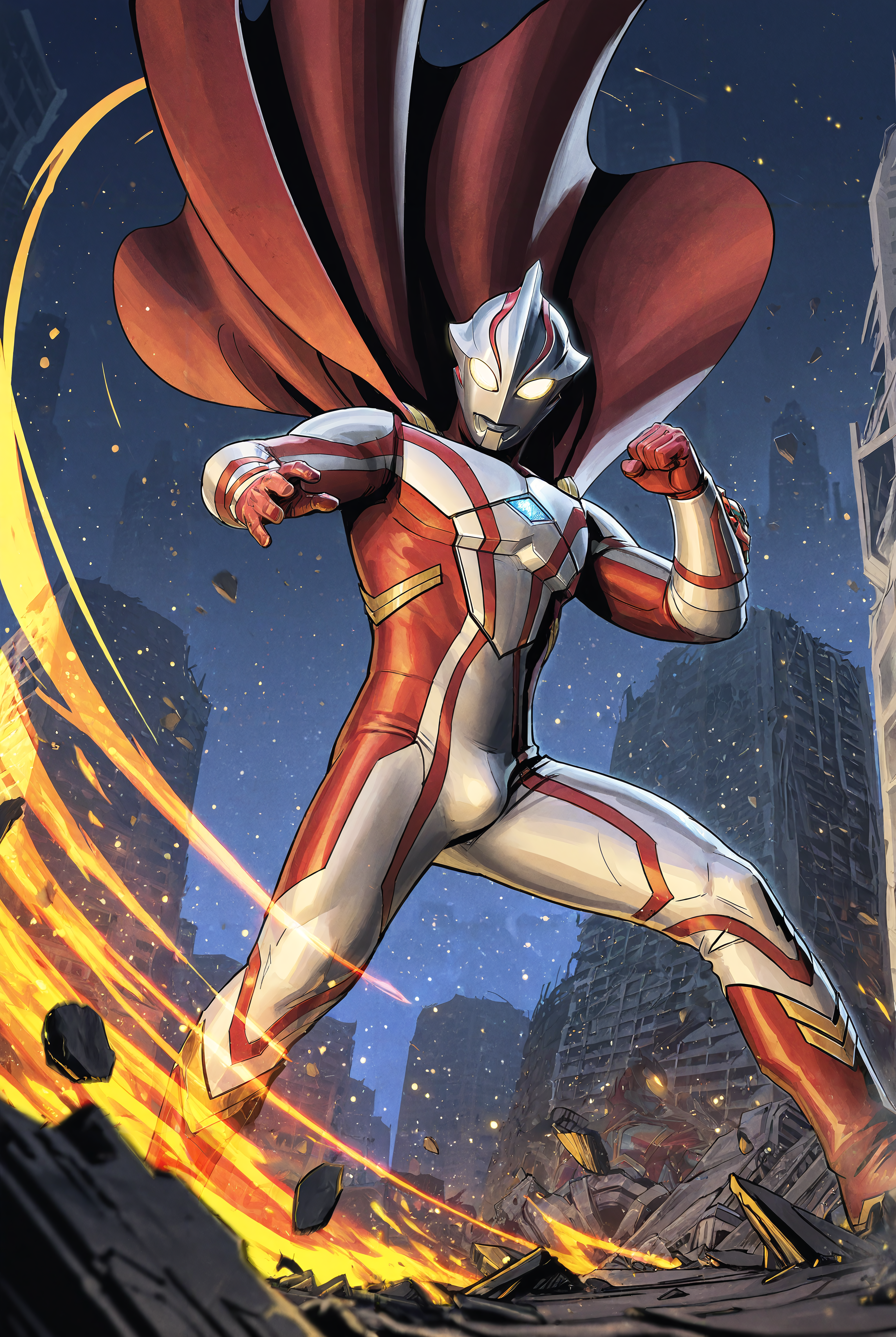 score_9,score_8_up,score_7_up,best quality,ultra-detailed,high resolution,digital painting,8k,1boy,male focus,bara,cowboy shot,foreshortening,fisheye,tokusatsu,alien,glowing eyes,bodysuit,yellow eyes,red cape,bulge,boots,floating cape,light particles,fire on ground,glowing,city,debris,dynamic pose,building,ruins,giant,from below,blurry background,blurry foreground,night,<lora:add-detail-xl:1>,<lora:Jim Lee Artist Style[ilustrious]:0.5>,jimleestyleil,western comics (style),<lora:Marvel Rivals Concept Art Style[ilustrious]:0.5>,marvelrivalsilv2,<lora:Ultraman Mebius:0.6>,ultraman mebius,