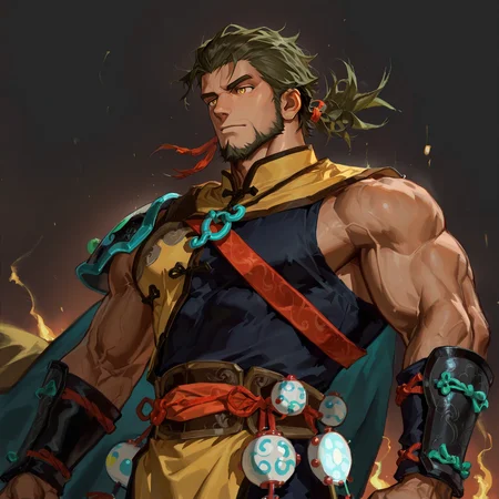 <lora:Tsang_Lei__Alchemist_Code-000004 (1):.7>,tagatametsang, 1boy, middle hair, green hair, slicked back, tied hair, yellow eyes, solo, male focus, manly, bara, mature male, muscle body, tangzhuang, sleeveless, sash, arm guards, cape, rattle drum
cowboy shot, 
(very short hair, beard, bara, mature, facial hair, stubble, beard, full beard, sideburn, beard, a lot of beard, ), facial hair,male focus, muscular male, muscular male, bara, mature,  bara, mature, aixiwuganda_(20222192), very awa, masterpiece, best quality, absurdres, newest, perfect quality, detailed background, intricate details,
<lora:slider_Body Type_alpha1.0_rank4_noxattn_last:3><lora:Anime Summer Days 2 Style SDXL_LoRA_Pony Diffusion V6 XL:.6><lora:slider_cfg_scale_boost:.7><lora:Artist6p:.55>, Artist6p, Artist04p,<lora:slider_il_brightness_slider_d1:-1><lora:slider_il_contrast_slider_d1:-1><lora:slider_DarkSlider1.2_alpha1.0_rank16_full_300steps:-.6>