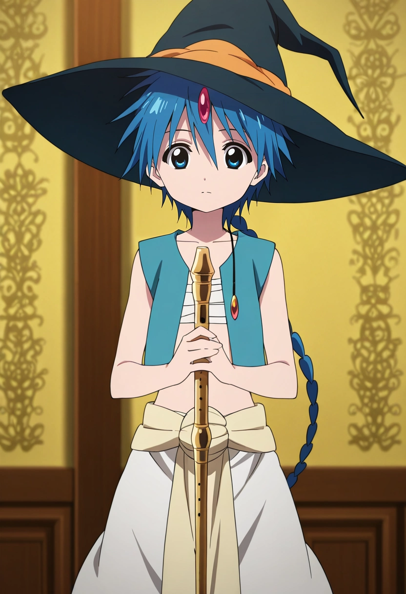 masterpiece, best quality, intricate details, anime screencap, anime coloring, , , 1boy, solo, male focus, <lora:aladdin_magi_ilxl:0.9>, aladdin_magi, blue hair, blue eyes, long hair, braid, single braid, , , vest, flute, instrument, staff, hat, witch hat, ,