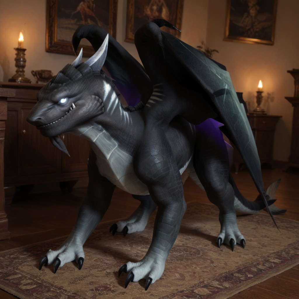 score_9, score_8_up, score_7_up, score_6_up, score_5_up, score_4_up, masterpiece, high quality, realistic, detailed, best quality, solo, rating_safe, source_furry, bedroom, smiling, seductive, looking at viewer, standing, on fours, feral, detailed eyes, netherdrake_wc, dragon, scales, wings, forked tail, claws, glowing eyes, black scales