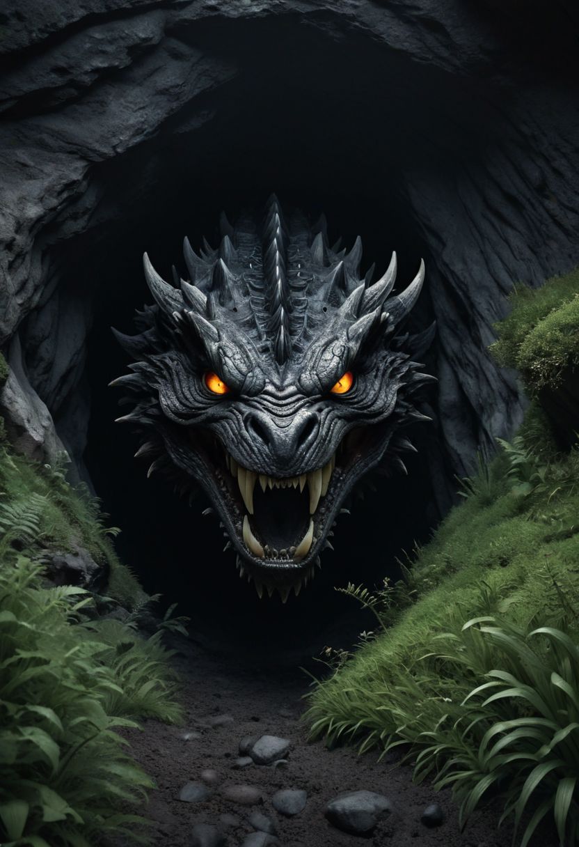 (Ink illustration on parchment). cinematic, detailed, photograph, landscape, exterior shot, a menacing and sinister cave, in the grass and dirt, at night, in the mountains, fires burn within, eyes lit, a gaping maw opening, dark, foreboding, moonlit, black background, 4k, high quality, Nikon FA, 50mm, f8, <lora:more_art:0.30> <lora:RMSDXL_Enhance:0.45> <lora:RMSDXL_Creative:0.45> <lora:RMSDXL_Photo:0.45> <lora:RMSDXL_Darkness_Cinema:0.45> <lora:clothing_slider:0.00> <lora:great_lighting:1.00> <lora:aesthetic:1.00> <lora:looking_at_viewer:1.00> <lora:photorealistic_portrait_v2:0.25> <lora:attractive_v2:0.10> <lora:extremely_detailed_v2:0.25> <lora:add_detail:0.75> <lora:perfect_eyes:0.25> <lora:perfect_hands:0.50>