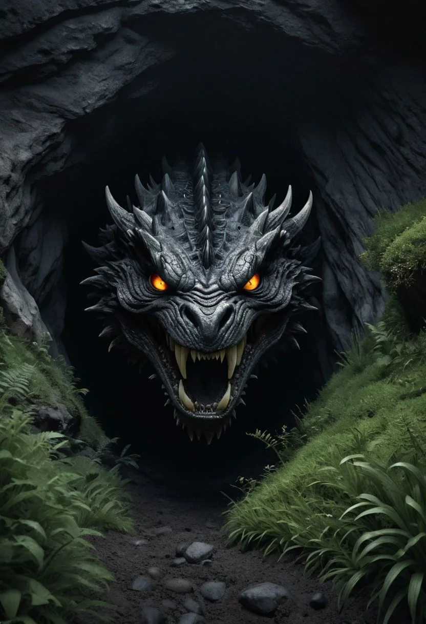 (Ink illustration on parchment). cinematic, detailed, photograph, landscape, exterior shot, a menacing and sinister cave, in the grass and dirt, at night, in the mountains, fires burn within, eyes lit, a gaping maw opening, dark, foreboding, moonlit, black background, 4k, high quality, Nikon FA, 50mm, f8, <lora:more_art:0.30> <lora:RMSDXL_Enhance:0.45> <lora:RMSDXL_Creative:0.45> <lora:RMSDXL_Photo:0.45> <lora:RMSDXL_Darkness_Cinema:0.45> <lora:clothing_slider:0.00> <lora:great_lighting:1.00> <lora:aesthetic:1.00> <lora:looking_at_viewer:1.00> <lora:photorealistic_portrait_v2:0.25> <lora:attractive_v2:0.10> <lora:extremely_detailed_v2:0.25> <lora:add_detail:0.75> <lora:perfect_eyes:0.25> <lora:perfect_hands:0.50>