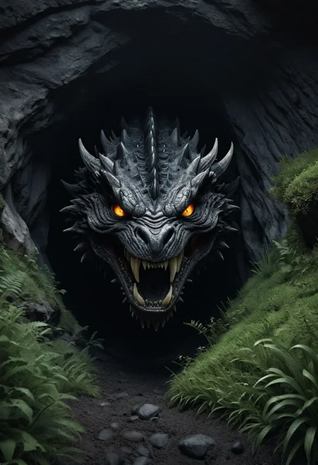 (Ink illustration on parchment). cinematic, detailed, photograph, landscape, exterior shot, a menacing and sinister cave, in the grass and dirt, at night, in the mountains, fires burn within, eyes lit, a gaping maw opening, dark, foreboding, moonlit, black background, 4k, high quality, Nikon FA, 50mm, f8, <lora:more_art:0.30> <lora:RMSDXL_Enhance:0.45> <lora:RMSDXL_Creative:0.45> <lora:RMSDXL_Photo:0.45> <lora:RMSDXL_Darkness_Cinema:0.45> <lora:clothing_slider:0.00> <lora:great_lighting:1.00> <lora:aesthetic:1.00> <lora:looking_at_viewer:1.00> <lora:photorealistic_portrait_v2:0.25> <lora:attractive_v2:0.10> <lora:extremely_detailed_v2:0.25> <lora:add_detail:0.75> <lora:perfect_eyes:0.25> <lora:perfect_hands:0.50>