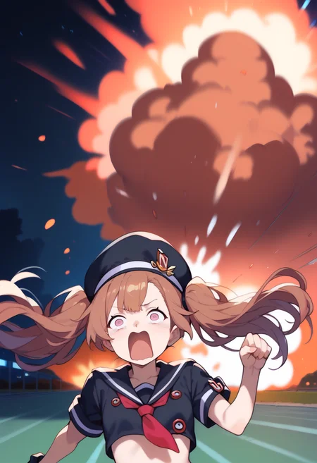 (score_9,score_8_up,score_7_up,score_6_up,score_5_up,score_4_up),best quality,masterpiece,uncensored, BREAK  1girl,(running,speed lines,dynamic:1.2),<lora:concept_aquascreaming_ponyXL:1>aquascreaming, (screaming, open mouth, crying with eyes open:1.2),<lora:miranda-nikke-richy-v1_pdxl:1>mrndnkk, pink eyes, brown hair, twintails, very long hair, bangs, black headwear, hat, sailor collar, serafuku, red neckerchief, black shirt, crop top, short sleeves,, black gloves ,<lora:ahebomb_pony:0.8>,night,explosion,upper body,detailed background ,<lora:HandFineTuning_XL:0.5>