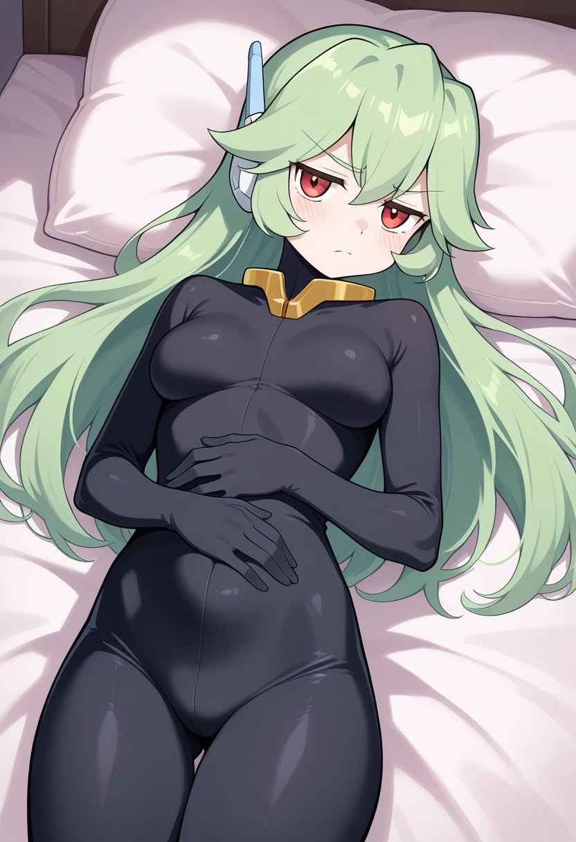 1girl, solo, pandorazxa, reploidform, green hair, long hair, red eyes, robot ears, medium breasts, black bodysuit, bodystocking, lying on back, bed, from above, cowboy shot, jitome, annoyed, looking at viewer,
