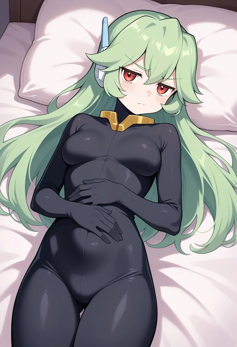 1girl, solo, pandorazxa, reploidform, green hair, long hair, red eyes, robot ears, medium breasts, black bodysuit, bodystocking, lying on back, bed, from above, cowboy shot, jitome, annoyed, looking at viewer,