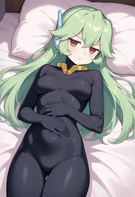 1girl, solo, pandorazxa, reploidform, green hair, long hair, red eyes, robot ears, medium breasts, black bodysuit, bodystocking, lying on back, bed, from above, cowboy shot, jitome, annoyed, looking at viewer,