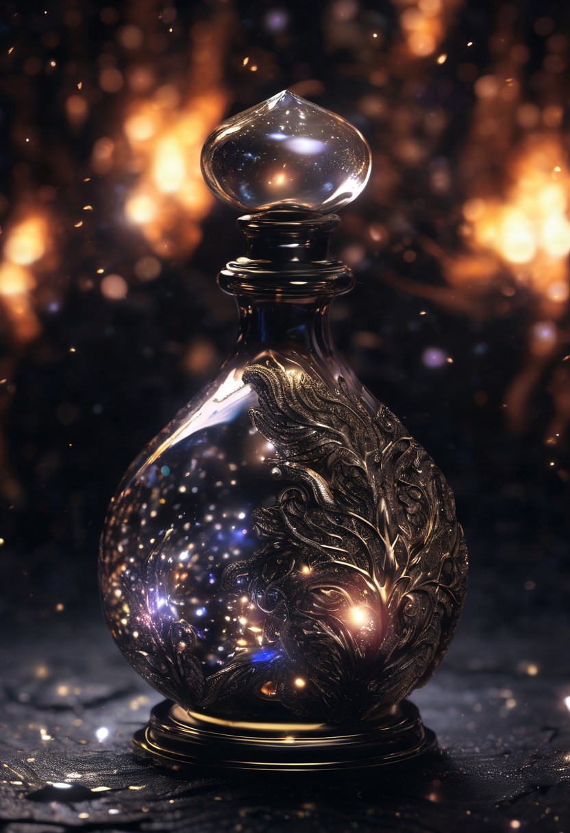 Score_9, Score_8, high_def, highest quality, 4k, best quality, masterpiece, focused, defined, Photorealistic magic potion, intricate glass bottle, elixir, tar black, silver colors, ethereal light, flashy lights, magic lights, luminous, dynamic reflections, magical aura, highly detailed, fantasy essence, glowing particles, radiant aura