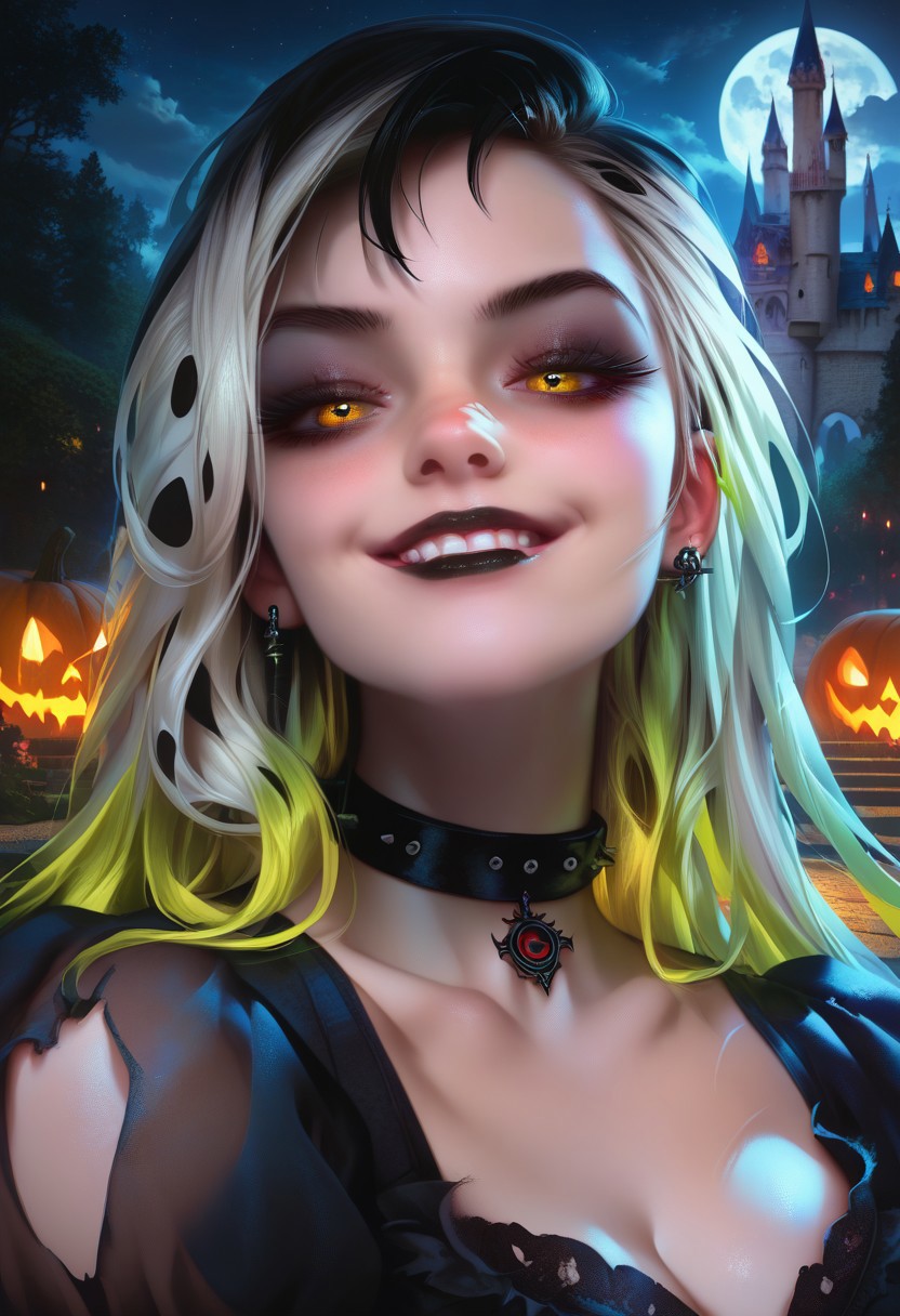 score_9, score_8_up, score_7_up, score_6_up, DemonLordDante, 1girl, solo, detailed face, detailed eyes, night, castle, black dress, choker, close up face, black and white long hair, multicolor hair, yellow eyes, goth make up, smirk, black lipstick, earrings,
