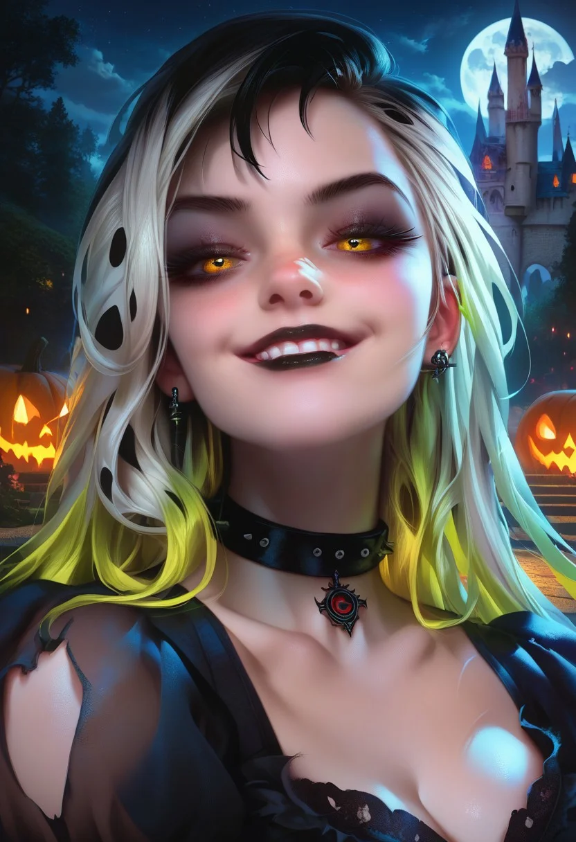 score_9, score_8_up, score_7_up, score_6_up, DemonLordDante, 1girl, solo, detailed face, detailed eyes, night, castle, black dress, choker, close up face, black and white long hair, multicolor hair, yellow eyes, goth make up, smirk, black lipstick, earrings,