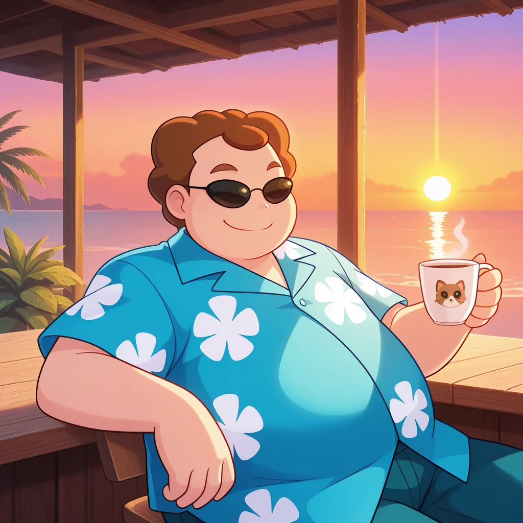 radiant reflections, rich color tones, deep contrast, intricate textures, luminous lighting, cinematic ambiance, shimmering gradients, best quality, colorful, masterpiece, <lora:p-treto-v1-10:1> p-scott, 1boy, plump, blue hawaiian_shirt, cafe, sunglasses, looking outdoors, sunset, no neckwear, holding caffeccino, sitting, relaxing, (natural pose),(dynamic pose:1.3), (action shot:1.2), upper body,