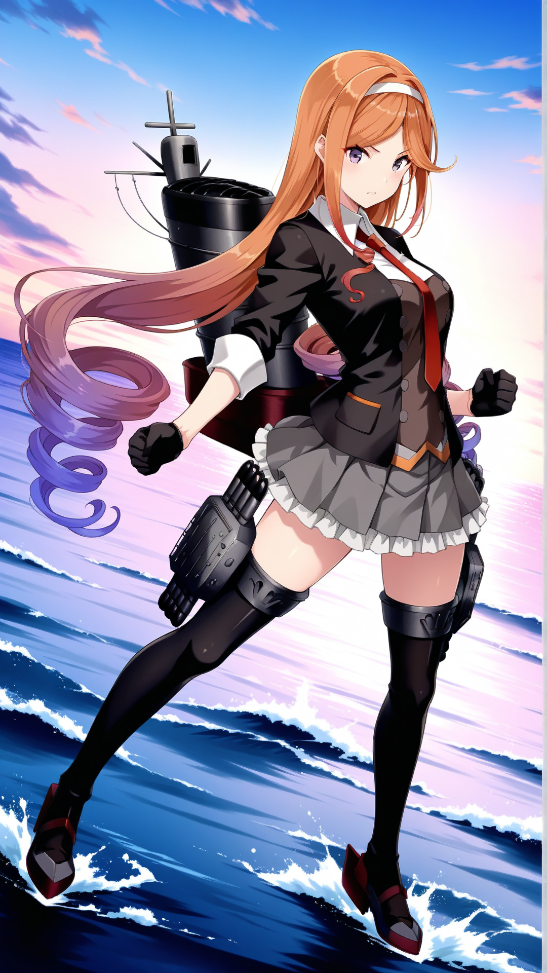 source_anime, general, best quality, masterpiece, 1girl,  <lora:yuugure_ill:1> yuugure \(kancolle\),long hair, multicolored hair, gradient hair, orange hair, purple eyes, asymmetrical sidelocks, drill hair, purple hair, grey skirt, black thighhighs, white hairband, black jacket, black gloves, blazer, rigging, red necktie, torpedo launcher, serious, (angry:0.7) ,dynamic pose, dutch angle, ocean, standing on liquid, fighting stance, dynamic pose, dutch angle,