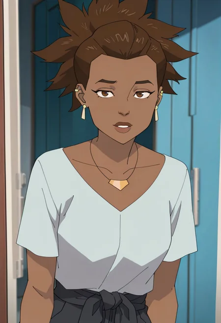 masterpiece, best quality, newest, absurdres, highres, Invincible-show-style-INVPACK.V1.0,
INVAMBRRRR-INVPACK.V1.0, 1girl, dark skin, dark skinned female, african, african female, brown hair, brown eyes, tied hair, hairband, earrings, jewelry,