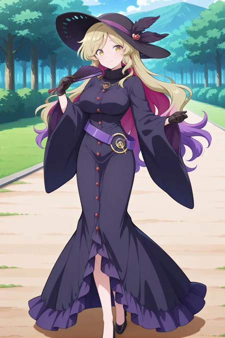 absurdres, highres, masterpiece, best quality, amazing quality, official anime artwork, screencap, anime screencap, outdoors, looking at viewer, light smile, dynamic pose, standing,
<lora:Watatsuki-no-Toyihime_Illustrious:1> watatsuki no toyohime, 1girl, solo, yellow eyes, blonde hair, long hair, large breasts,, watatsuki no toyohime \(backdrop for the moon companion\), multicolored hair, purple hair, blonde hair, alternate costume, alternate headwear color, black hat, sun hat, hat feather, black feather, necklace, black dress, fur-trimmed dress, mermaid dress, long dress, wide sleeves, black gloves, purple belt, loose belt, black shoes, black fan, folding fan, holding fan, jewelry,