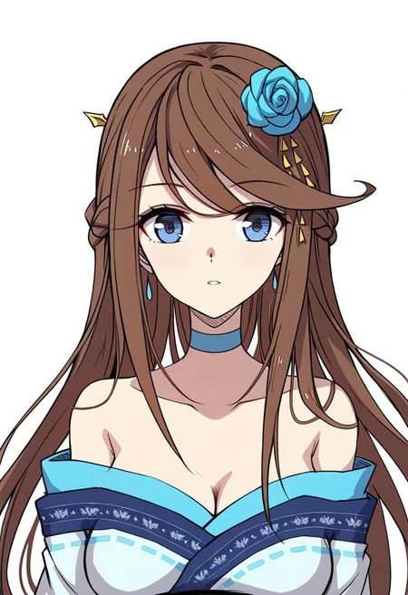 simple background, white background
BREAK
1girl, solo, 明素问, blue eyes, long hair, brown hair, french braid, hair flower, white kimono, blue choker, bare shoulders, cleavage