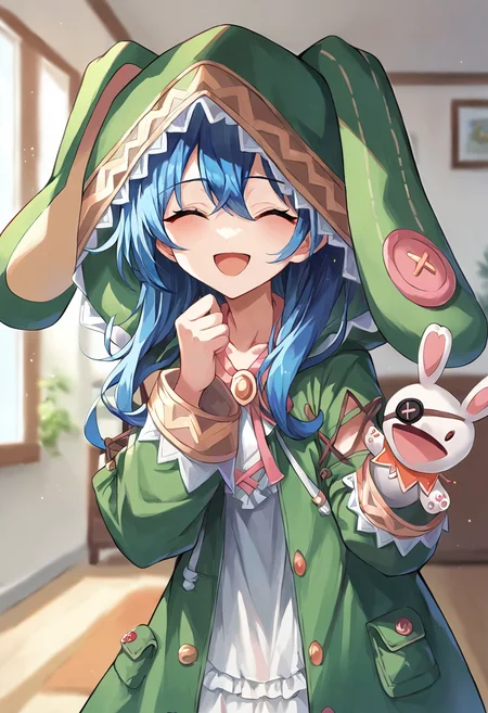 score_9, score_8_up, score_7_up, source_anime, masterpiece, 1girl, ct_y0shin0, blue hair, green coat, rabbit hood, detached sleeves, cross-laced dress, collarbone, looking at viewer, indoors, depth of field, day, hand puppet, happy, eyes closed, leaning forward,<lora:Yoshino_Himekawa_Pony_ct_ver3:0.9>