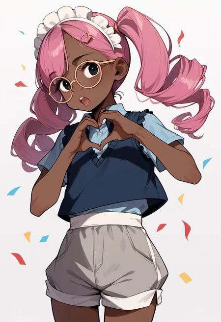 score_9, score_8_up, score_7_up, score_6_up, 1girl, solo, source_anime, flat chest, (very dark skin:1.2), (petite:1.1), thin_hips, curly_hair, pink hair, long hair, twintails, bangs, black eyes, hairclips, glasses, gray shorts, blue sweater vest, profile, open mouth, confetti, heart hands, socks, maid headdress, maid