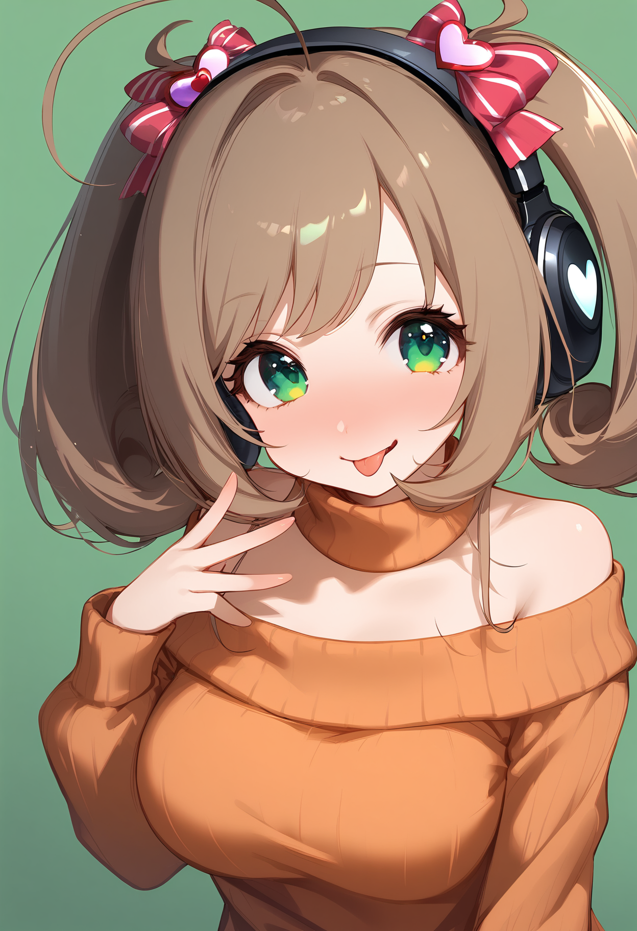 1girl,
sato shin,


solo, blush, looking at viewer, off shoulder, hair ornament, breasts, hand on own chest, swept bangs, headphones, twintails, ribbed sweater, sweater, ahoge, ribbon, nose blush, medium hair, heart, hand up, orange sweater, light brown hair, upper body, open mouth, tongue, bare shoulders, hair ribbon, green eyes, green background, tongue out, hair between eyes, off-shoulder sweater, virtual youtuber, large breasts, heart hair ornament, smile, simple background, w, eyelashes,

sfw
<lora:a31_char_new_sato_shin-000016:1> <lora:a31_style_koni-000010:0.8>