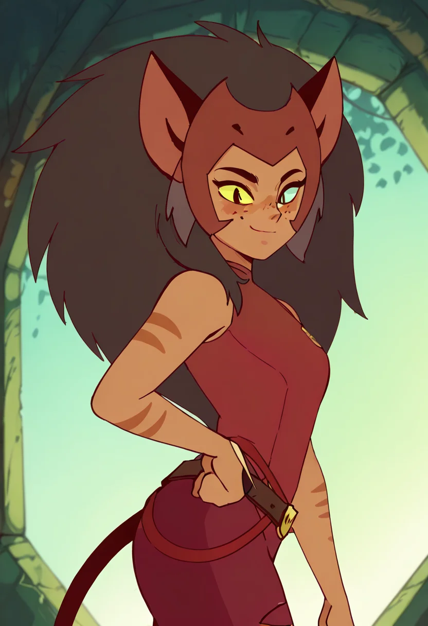 masterpiece, best quality, solo, curvy, beautiful eyes, zzCatra, green eyes, yellow eyes, multicolored hair, cat girl, furry, big hair, brown hair, long hair, animal ears, cat ears, heterochromia, colored sclera, yellow sclera, dark skin, freckles, blue eyes, sleeveless, belt, torn clothes, tail, black hair, pants, , <lora:CatraShera_IXL:1.0>, , smile, looking at viewer, side view, upper body, <lora:DiivesIXL:1.0>,