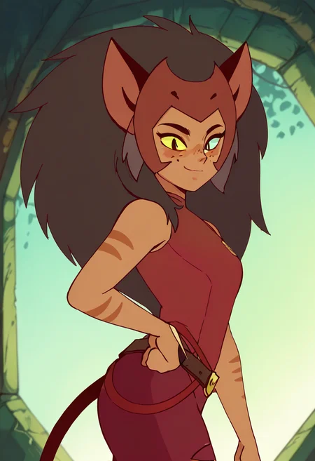 masterpiece, best quality, solo, curvy, beautiful eyes, zzCatra, green eyes, yellow eyes, multicolored hair, cat girl, furry, big hair, brown hair, long hair, animal ears, cat ears, heterochromia, colored sclera, yellow sclera, dark skin, freckles, blue eyes, sleeveless, belt, torn clothes, tail, black hair, pants, , <lora:CatraShera_IXL:1.0>, , smile, looking at viewer, side view, upper body, <lora:DiivesIXL:1.0>,