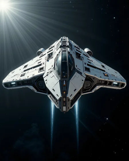 in the style of cksx,
a colossal scale ckspaceship gunship with gunmetal dark and white hull in full view, reflections from the cockpit canopy. in flight. reflections from stars or sun. flying in space, thrusters active. action shot.