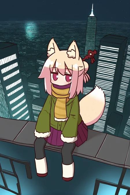 <lora:kemomimi_xl_lion:1>kemomimi,1girl, fox girl,single hair bun,JK uniform,1girl,from above,distant view,broad vision,
sitting,looking at viewer,smile,detailed face,
In the midst of a bustling cityscape,
The skyscrapers below her,
She sat on the roof of the tall building,
The girl and the building and the sky make an amazing picture,
The sun is on the horizon,
dusk,solo, skirt, pantyhose, scarf, black pantyhose, pleated skirt, green jacket, single hair bun, fur trim, long sleeves, night, fox tail, jacket, blonde hair, looking at viewer, plaid, blush, profile, mittens, fringe trim, purple skirt, brown scarf, red skirt, border, fur-trimmed sleeves, yellow scarf,