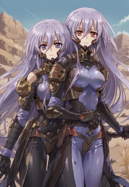 safe_pos, (score_9:0.9),score_8_up,score_7_up,rating_safe,anime style,(zPDXL),(zPDXL3),<lora:The Iris Swordsoul ponyXL v1.1:0.76>,purple eyes,light purple hair,fleurdelis, the iris swordsoul, 2girl, double, smile, closed mouth, smile,
schwarzesmarkenfortifiedsuit, pilot suit, impossible bodysuit,red eyes,,desert,schwarzesmarkenfortifiedsuit, pilot suit, impossible black bodysuit, whole body, Sexy Pause,