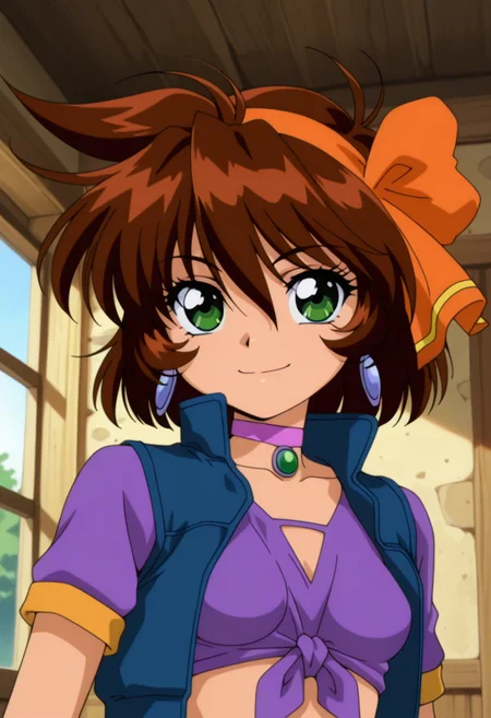 masterpiece, best quality, amazing quality, absurdres, 1girl, solo, (portrait:1.2), merrillww, green eyes, brown hair, short hair, orange hair ribbon, orange hairband, earrings, small breasts, jewelry, purple choker, crop top, blue sleeveless vest, purple shirt, front-tie top, looking at viewer, smile, indoors, day, skindentation, detailed clothing folds, depth of field, sharp, high contrast, dynamic light <lora:Merrill_Mahou_Senshi_Louie_ill_v12:0.9>