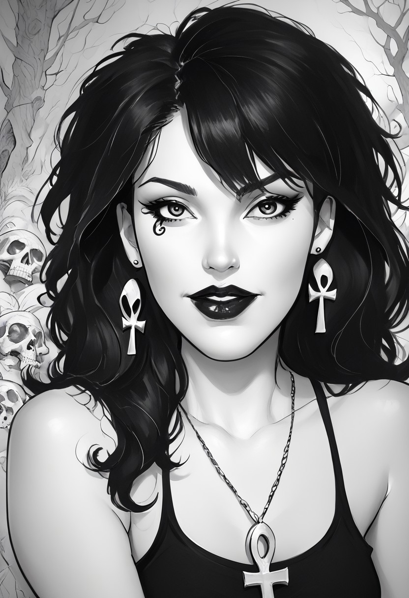 score_9, score_8_up,source_photo,hyper-realistic,perfect lighting,realistic lighting,high quality,
Break
dsk_death, 1girl, earrings, jewelry, necklace, ankh necklace, monochrome, traditional media, sketch, black lips, cross earrings, long hair, lipstick, makeup, skull, looking at viewer, comic art style, death_of_the_endless\(sandman\), greyscale, monochrome, cinematic angle, cinematic lighting, BREAK zPDXL2 PonyXLV6_Scores