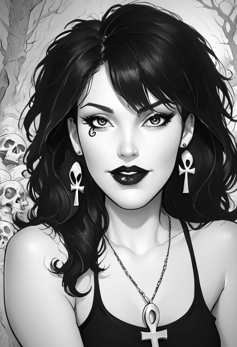 score_9, score_8_up,source_photo,hyper-realistic,perfect lighting,realistic lighting,high quality,
Break
dsk_death, 1girl, earrings, jewelry, necklace, ankh necklace, monochrome, traditional media, sketch, black lips, cross earrings, long hair, lipstick, makeup, skull, looking at viewer, comic art style, death_of_the_endless\(sandman\), greyscale, monochrome, cinematic angle, cinematic lighting, BREAK zPDXL2 PonyXLV6_Scores