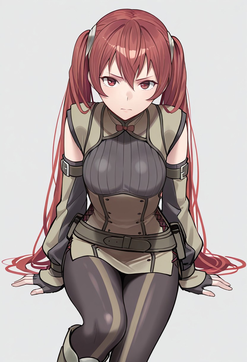 masterpiece, best quality, crimsonj-girl.fightil,
  1girl, Severa, long hair, red hair, twintails, red eyes, Tunic, detached, sleeves, pantyhose, boots
looking at viewer, close up
  Simple background, ,  perfect anatomy