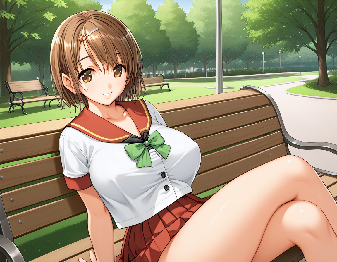 rating_explicit,cowboy shot,1girl,solo,<lora:ichinose_anna-000008:0.8>,i_anna,short hair,brown eyes,brown hair,large breasts,hair ornament,serafuku,sitting,on bench,park,park bench,smile,, score_9, score_8_up, score_7_up, source_anime,