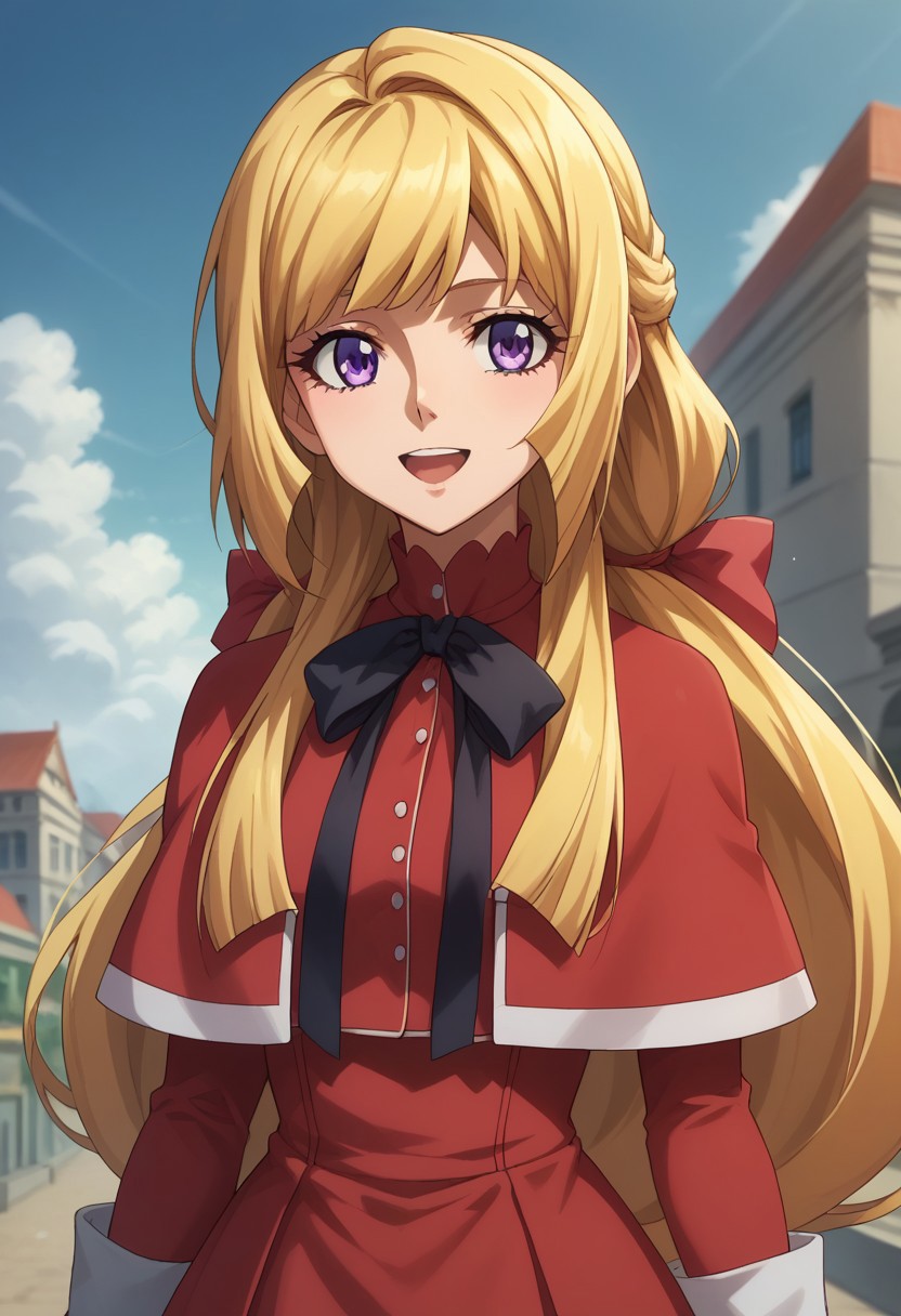score_9, score_8_up, score_7_up, source_anime, highly detailed, 
kudelia, 1girl, solo, blonde hair, long hair, dress, gloves, purple eyes, white gloves, capelet,
smile, open mouth, red dress, bow, half updo, ribbon, upper body,
outdoor, sky, clouds, building,