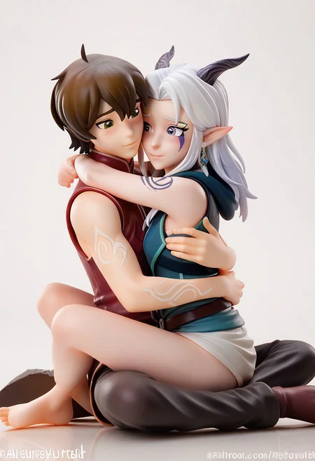 Score_9, Score_8, Score_7, 1boy, 1girl, girl hugging boy from behind, shirtless boy, runes on arms, Callum, girl wearing red sleeveless vest, sitting on ground, 1girl, blushing, Rayla, White Hair, Elf Ears, RayHorns, RayFacepaint, Colored Skin, Four Fingered Hand