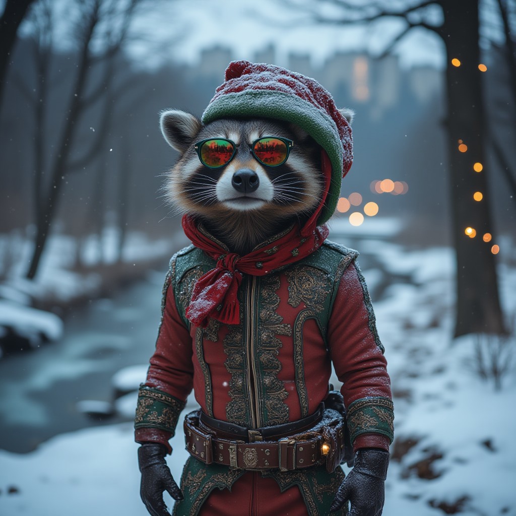 a realistic image of a raccoon wearing a costume with xmas theme, with intricate details in the fabric, accessories in the body and sunglasses reflecting the snow. the raccoon is looking up and a little amount of snow is accumulated in his face. the location is a snowing forest at night, snow is falling and a frozen river is in the background, a city light shines in the distance.