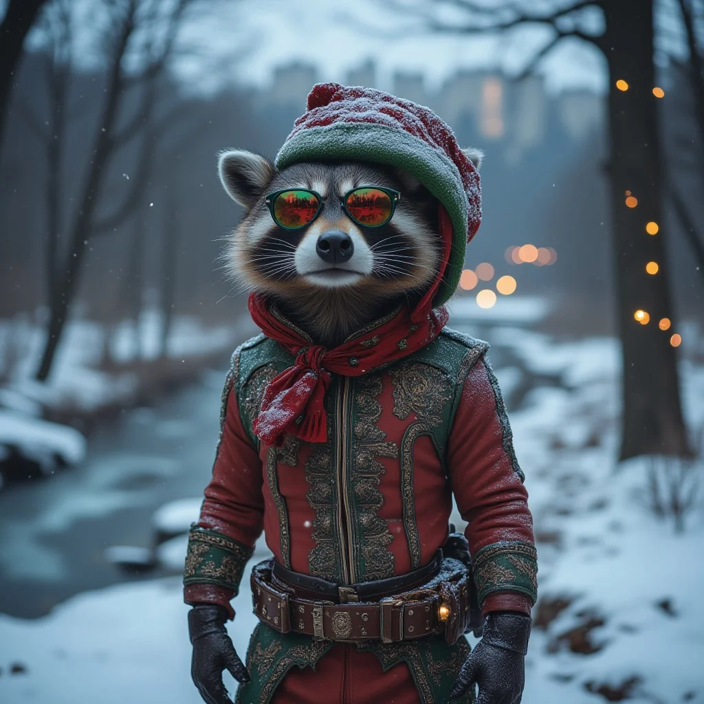 a realistic image of a raccoon wearing a costume with xmas theme, with intricate details in the fabric, accessories in the body and sunglasses reflecting the snow. the raccoon is looking up and a little amount of snow is accumulated in his face. the location is a snowing forest at night, snow is falling and a frozen river is in the background, a city light shines in the distance.