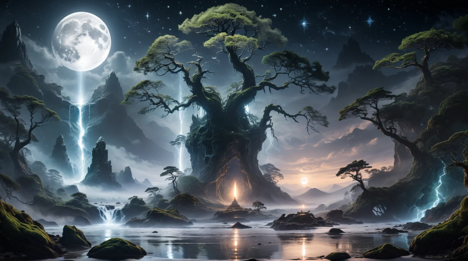 <lora:add-detail-xl:1.3>, <lora:xl_more_art-full_v1:0.8>, Amidst the inky darkness, a moon the size of a dragonâs eye hangs low on the horizon, casting a silvery glow across the landscape. The gnarled branches of ancient trees reach upward, their twisted forms adorned with luminescent moss. A distant waterfall spills down from a cliff, its waters shimmering with iridescent hues. At the heart of this mystical scene stands an obsidian obelisk, etched with cryptic symbols. The air crackles with magic, and the stars themselves seem to dance in reverence.
