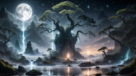 <lora:add-detail-xl:1.3>, <lora:xl_more_art-full_v1:0.8>, Amidst the inky darkness, a moon the size of a dragonâs eye hangs low on the horizon, casting a silvery glow across the landscape. The gnarled branches of ancient trees reach upward, their twisted forms adorned with luminescent moss. A distant waterfall spills down from a cliff, its waters shimmering with iridescent hues. At the heart of this mystical scene stands an obsidian obelisk, etched with cryptic symbols. The air crackles with magic, and the stars themselves seem to dance in reverence.