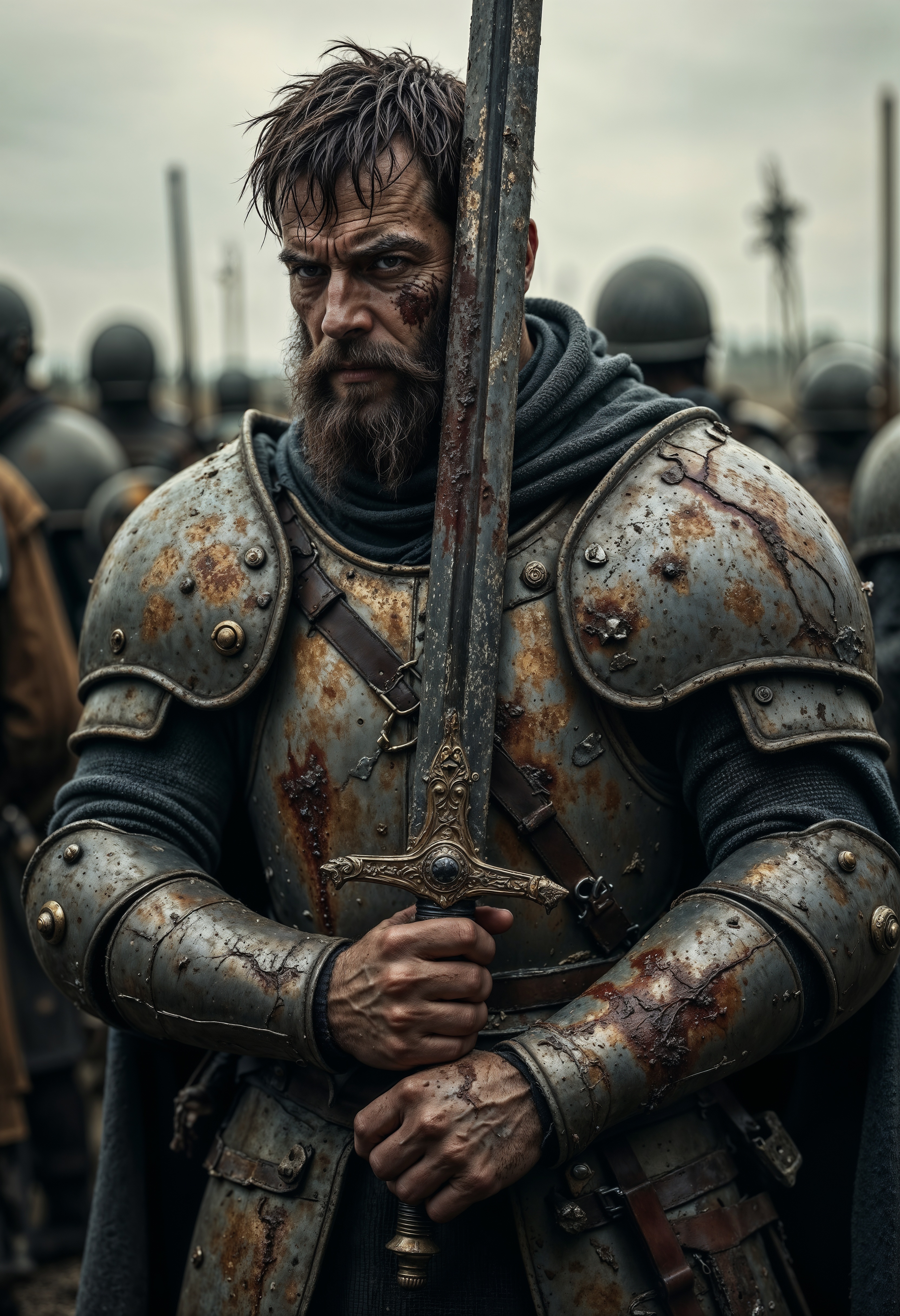 A worn-out, perspiring knight, his hand gripping a bloodied sword, stands battle-weary. His exhausted face bears the scars of the fight, his armor dented and dulled from combat. This striking image, possibly a detailed painting, captures the warrior's bravery amidst the aftermath of a fierce struggle. Every detail is meticulously portrayed, from the drops of sweat on his brow to the deep gashes on his armor, immersing the viewer in the intensity of the moment. The artist's skill shines through in the realism and emotion conveyed in the knight's worn appearance, making this image a powerful and evocative portrayal of valor in the face of adversity. <lora:FluxMythR3alisticF:1>