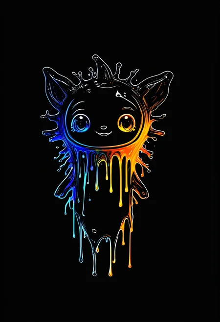 monoprone, orange vantablack, logo of a glowing rainbow bioluminescent cute critter made of dripping paint expressionist Darkfall Sandman, speed paint, digital ninja, glitch style, detailed, dynamic, raw, emotional, dynamic, distortion for emotional effect, vibrant, use of unusual colors, detailed