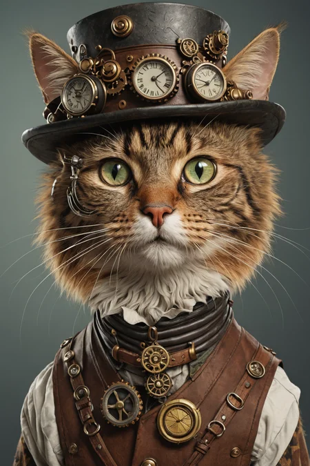 a beautiful high definition crisp portrait of a steampunk cat