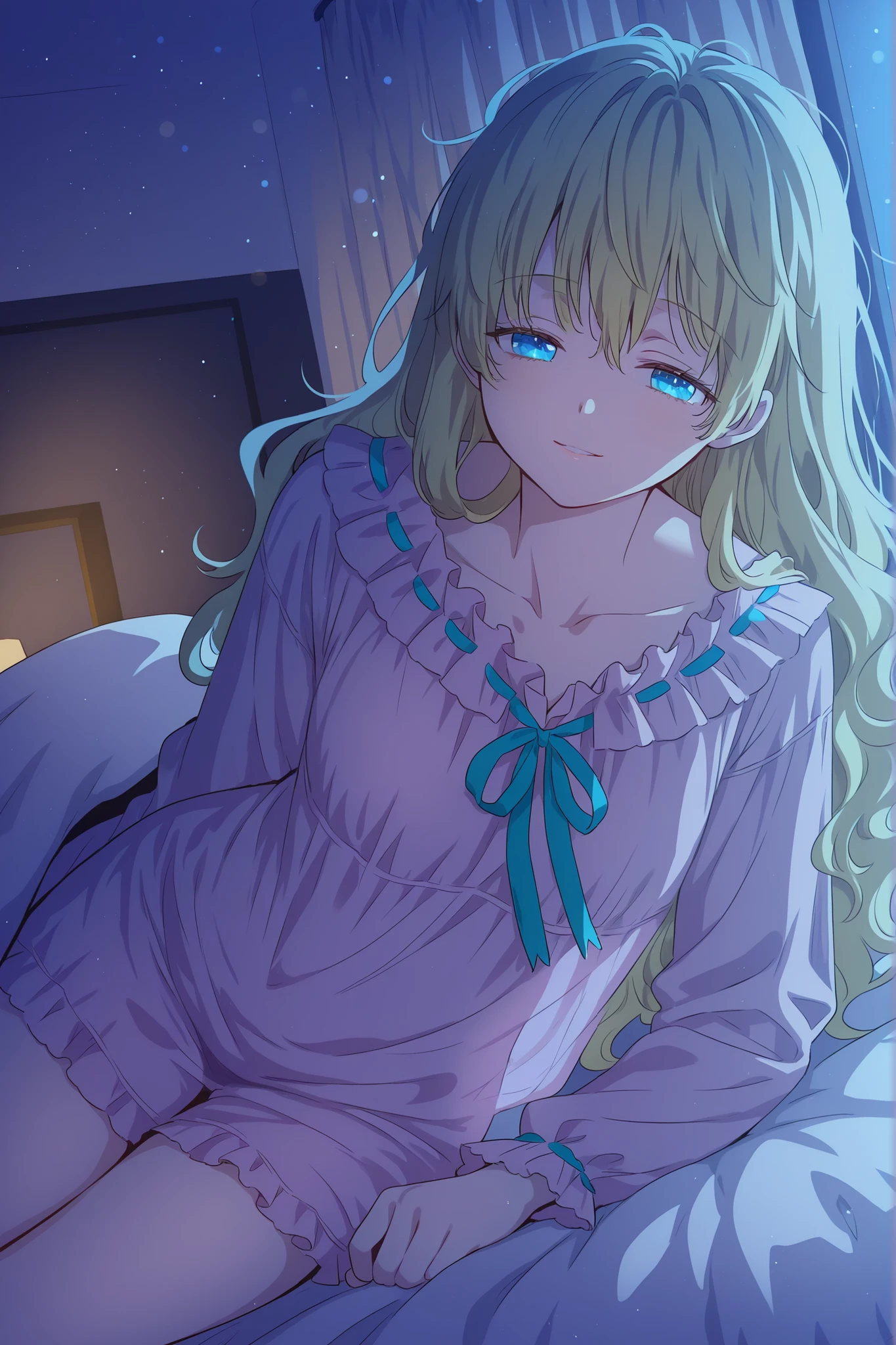 masterpiece, best quality, absurdres, high quality, soft focus, delicate atmosphere,
purplenightgown, 1girl, solo, athanasia, blonde hair, blue eyes, long hair, wavy hair, nightgown, pajamas, light purple dress, long sleeves, frills, ribbon, teal ribbon, bow,
looking at viewer, sleepy, half lidded eyes, gentle smile, lying on bed, thighs, delicate features,
soft lighting, warm lighting, moonlight, night scene, indoors, bedroom, detailed background, bokeh,