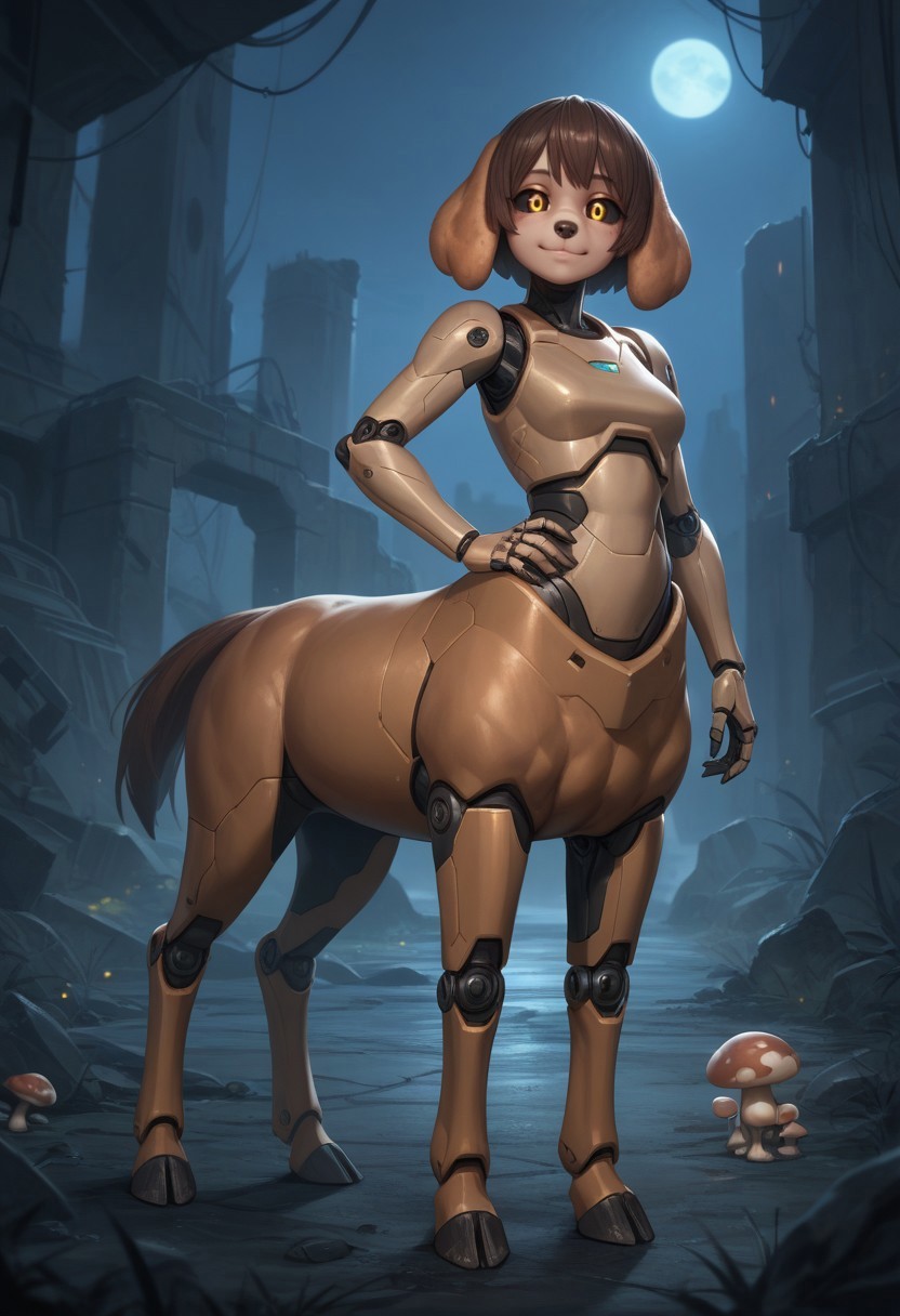 score_9,score_8_up,score_7_up,score_6_up,score_5_up,score_4_up, BREAK ((Pug)), robot, centaur, solo, smile, industrial ruins, night, hooves, brown horse tail, Robot girl, Mecha, Android, mechanical limbs, robot joints, tan metal skin, black sclera, no mouth, armor, glowing eyes, furry, brown hair, ((dog head, floppy dog ears, dog nose,)) hand on hip